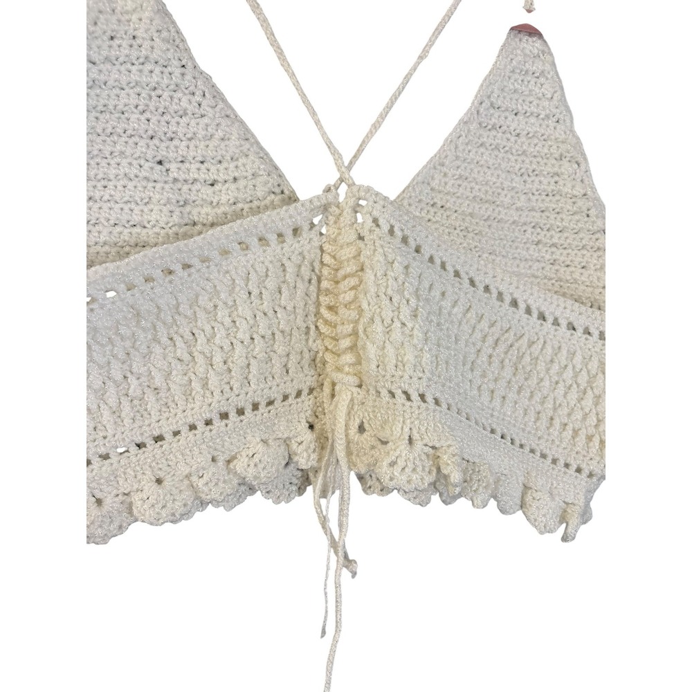 Handmade Crochet Iridescent White Crop Triangle Top L Festival Cottage Boho Knit - Picture 4 of 9